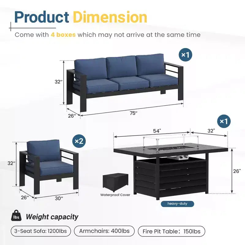 Ensemble de mobilier de jardin en aluminium Heynemo avec table brasero, mobilier d'extérieur en métal 4 pièces avec coussins pour jardin