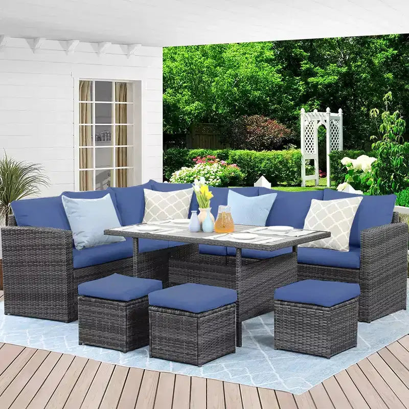 Heynemo 7 Pcs Outdoor Conversation Set All Weather Wicker Sectional Sofa Set Dining Table Chair and Ottoman,Steel Frame