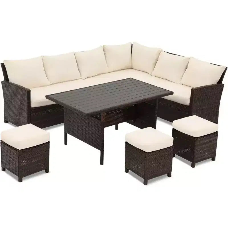 Heynemo Ensemble de conversation extérieur 7 pièces en osier résistant aux intempéries, canapé sectionnel, table à manger, chaises et pouf, cadre en acier