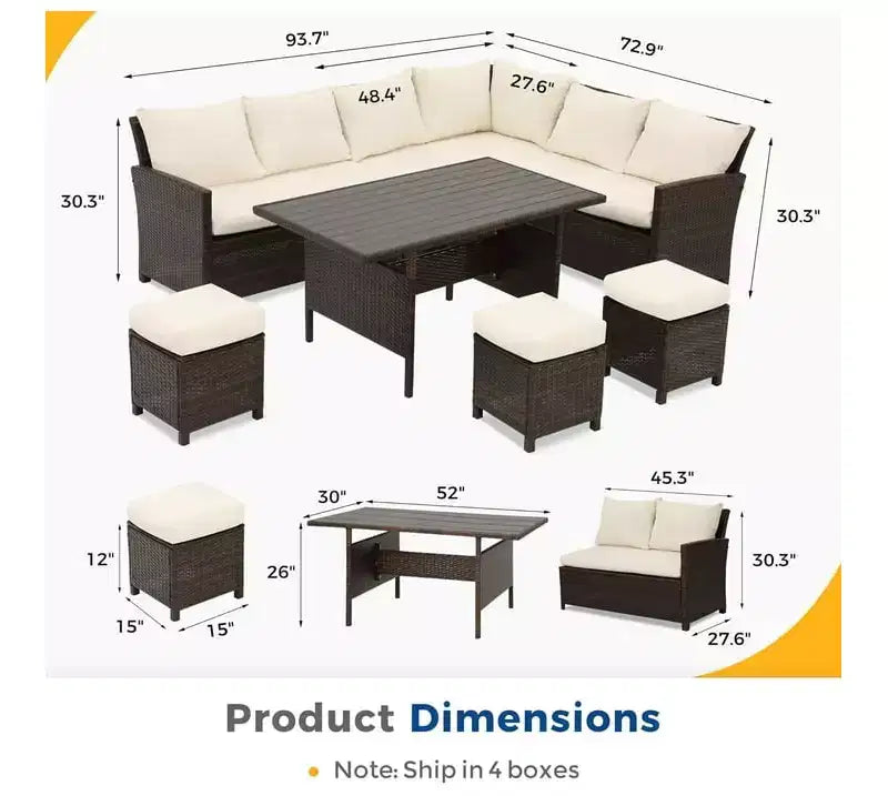 Heynemo Ensemble de conversation extérieur 7 pièces en osier résistant aux intempéries, canapé sectionnel, table à manger, chaises et pouf, cadre en acier