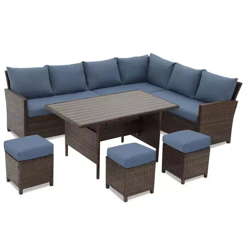 Heynemo Ensemble de conversation extérieur 7 pièces en osier résistant aux intempéries, canapé sectionnel, table à manger, chaises et pouf, cadre en acier