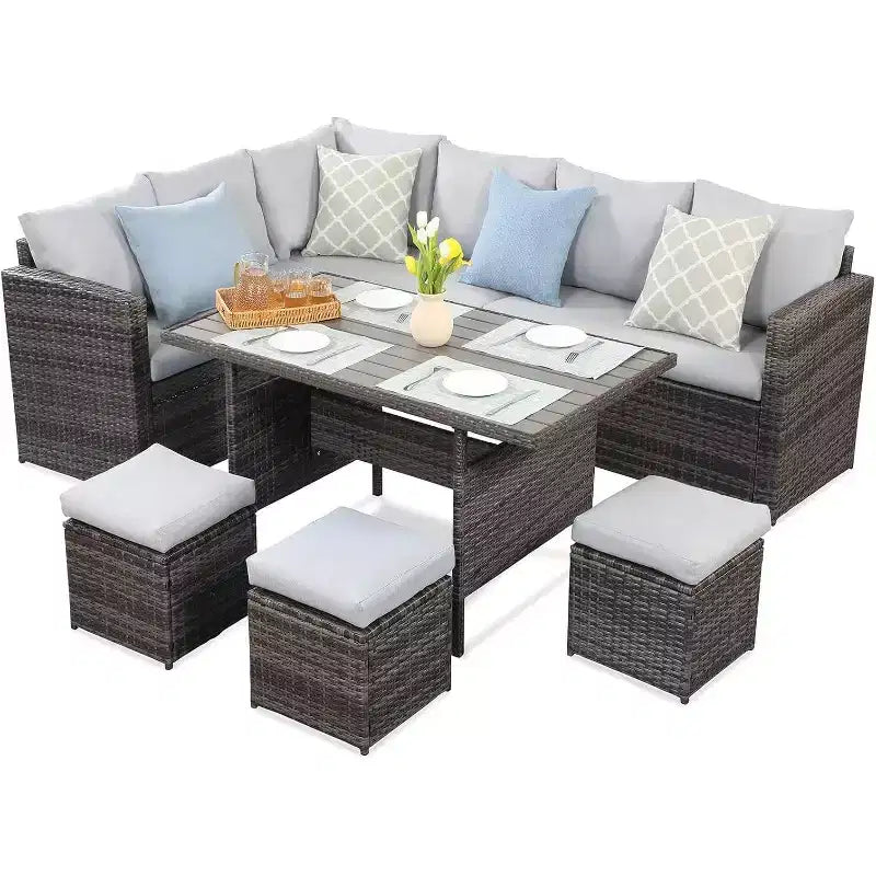 Heynemo Ensemble de conversation extérieur 7 pièces en osier résistant aux intempéries, canapé sectionnel, table à manger, chaises et pouf, cadre en acier
