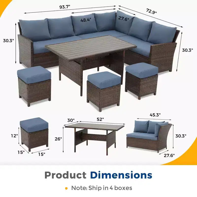 Heynemo Ensemble de conversation extérieur 7 pièces en osier résistant aux intempéries, canapé sectionnel, table à manger, chaises et pouf, cadre en acier