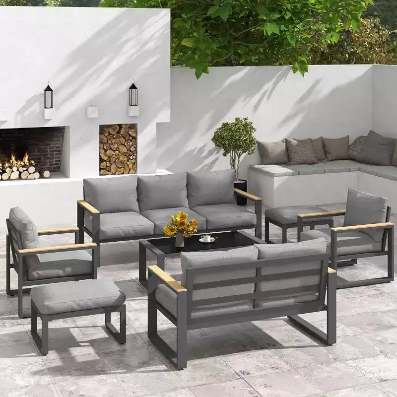 Heynemo Aluminum Patio Furniture Set, 7 Piece Outdoor Conversation Set with Coffee Table, Metal Patio Furniture Set for Porch Backyard Garden