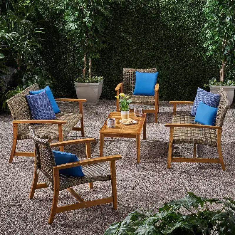 Christopher Knight Home Hampton Outdoor Acacia Wood and Wicker 6 Seater Chat Set
