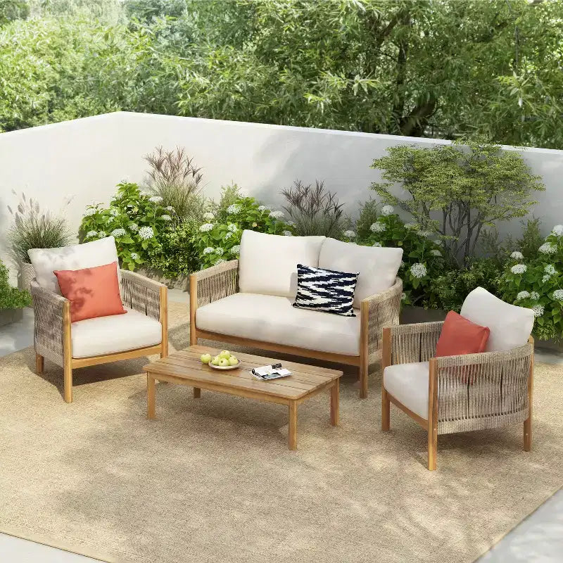 Christopher Knight Home Gillian Ensemble de 4 fauteuils de terrasse en bois d'acacia tressé avec corde