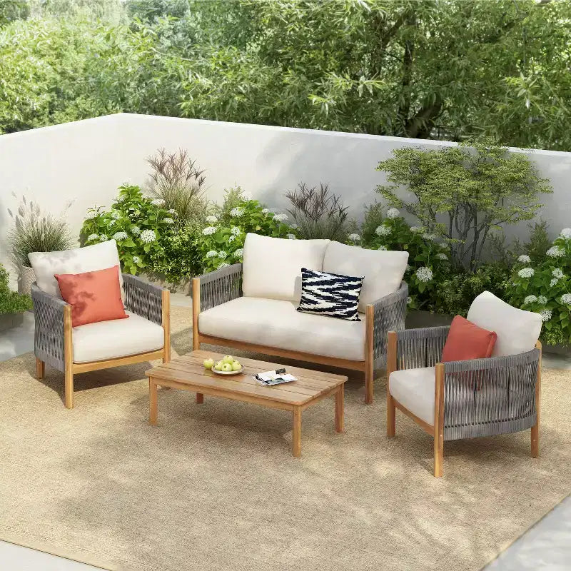 Christopher Knight Home Gillian Ensemble de 4 fauteuils de terrasse en bois d'acacia tressé avec corde