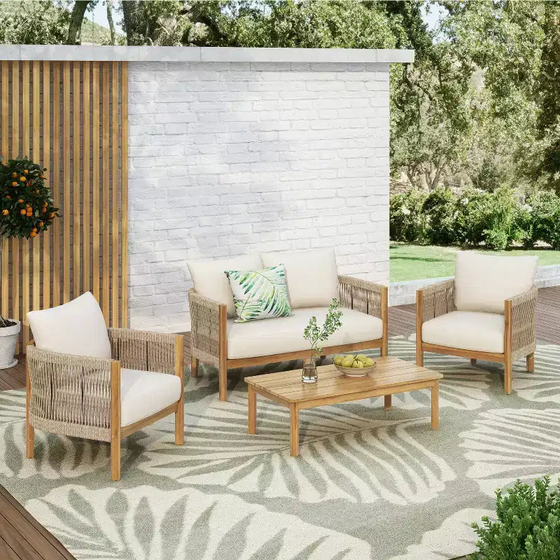 Christopher Knight Home Gillian Ensemble de 4 fauteuils de terrasse en bois d'acacia tressé avec corde