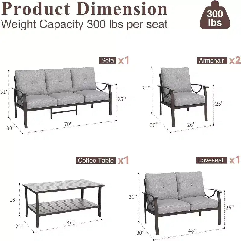 Ensemble de meubles de jardin Heynemo, ensemble de conversation de 5 pièces avec table basse, ensemble de meubles en métal pour porche, cour arrière, jardin
