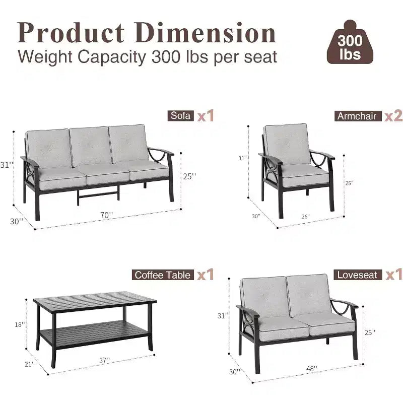 Ensemble de meubles de jardin Heynemo, ensemble de conversation de 5 pièces avec table basse, ensemble de meubles en métal pour porche, cour arrière, jardin