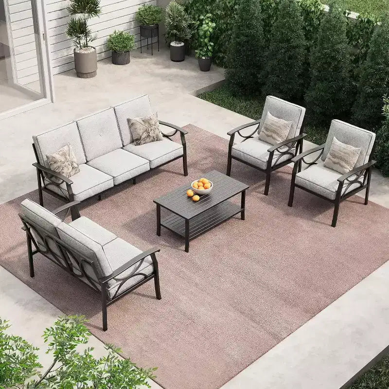 Heynemo Outdoor Patio Furniture Set, 5 Piece Patio Conversation Set with Coffee Table, Metal Furniture Set for Porch Backyard Garden