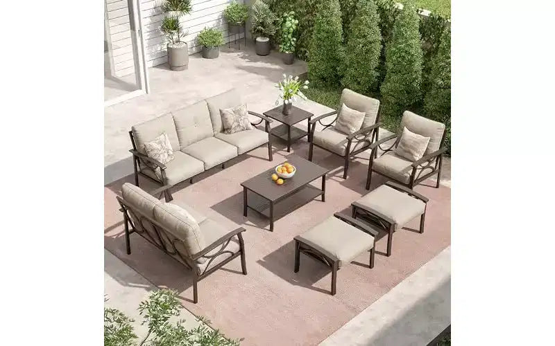 Heynemo Outdoor Patio Furniture Set, 8 Piece Patio Conversation Set with Coffee Table Side Table and Ottomans, Metal Furniture Set for Porch, Grey