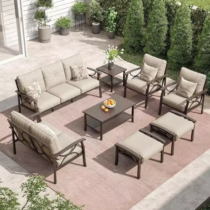 Heynemo Salon de Jardin Extérieur, Ensemble de Conversation de 8 Pièces avec Table Basse, Table d'Appoint et Poufs, Mobilier de Jardin en Métal pour Porche, Gris