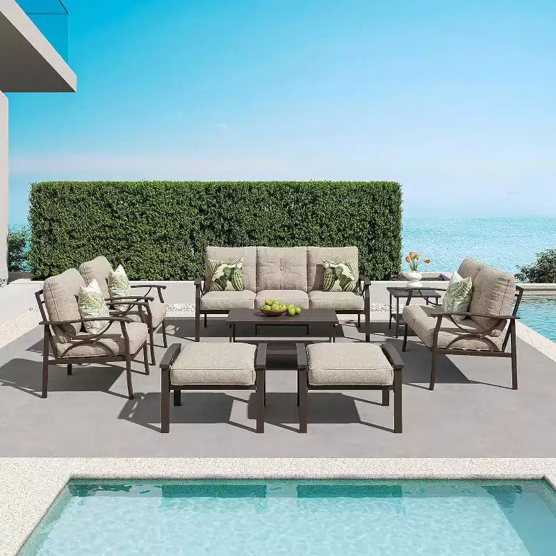 Heynemo Salon de Jardin Extérieur, Ensemble de Conversation de 8 Pièces avec Table Basse, Table d'Appoint et Poufs, Mobilier de Jardin en Métal pour Porche, Gris