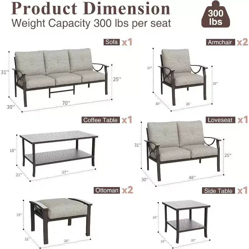 Heynemo Salon de Jardin Extérieur, Ensemble de Conversation de 8 Pièces avec Table Basse, Table d'Appoint et Poufs, Mobilier de Jardin en Métal pour Porche, Gris