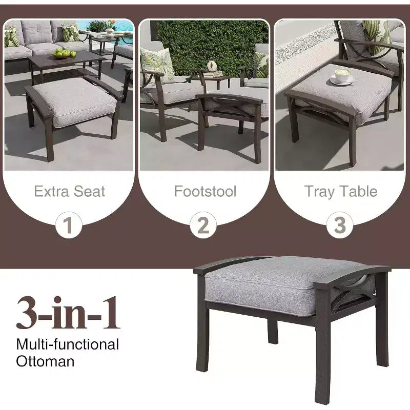 Ensemble de meubles de jardin Heynemo, ensemble de 7 pièces de mobilier de jardin avec table brasero et ottomans, ensemble de meubles en métal pour porche, cour arrière, jardin