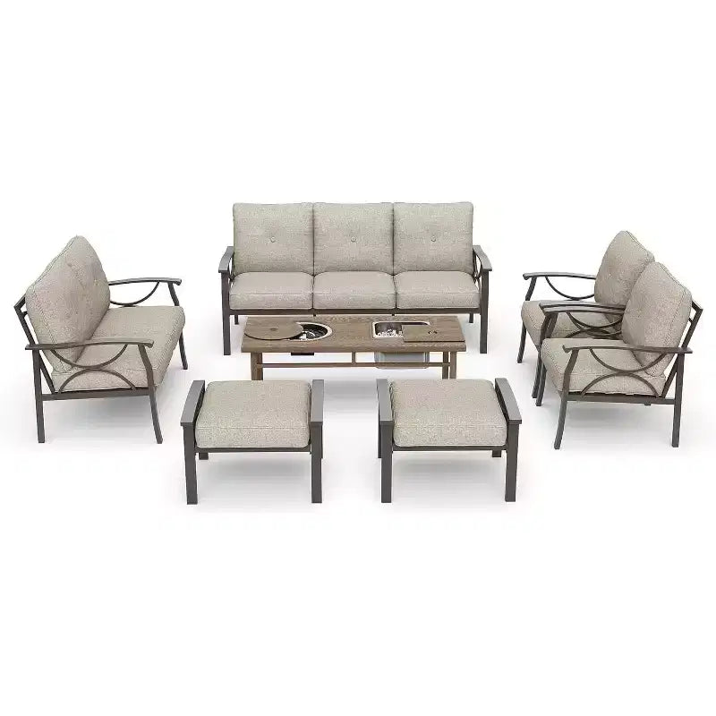 Ensemble de meubles de jardin Heynemo, ensemble de 7 pièces de mobilier de jardin avec table brasero et ottomans, ensemble de meubles en métal pour porche, cour arrière, jardin