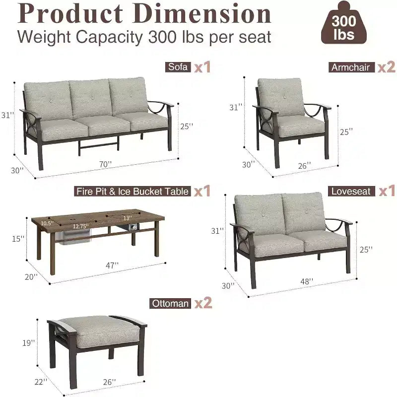 Ensemble de meubles de jardin Heynemo, ensemble de 7 pièces de mobilier de jardin avec table brasero et ottomans, ensemble de meubles en métal pour porche, cour arrière, jardin