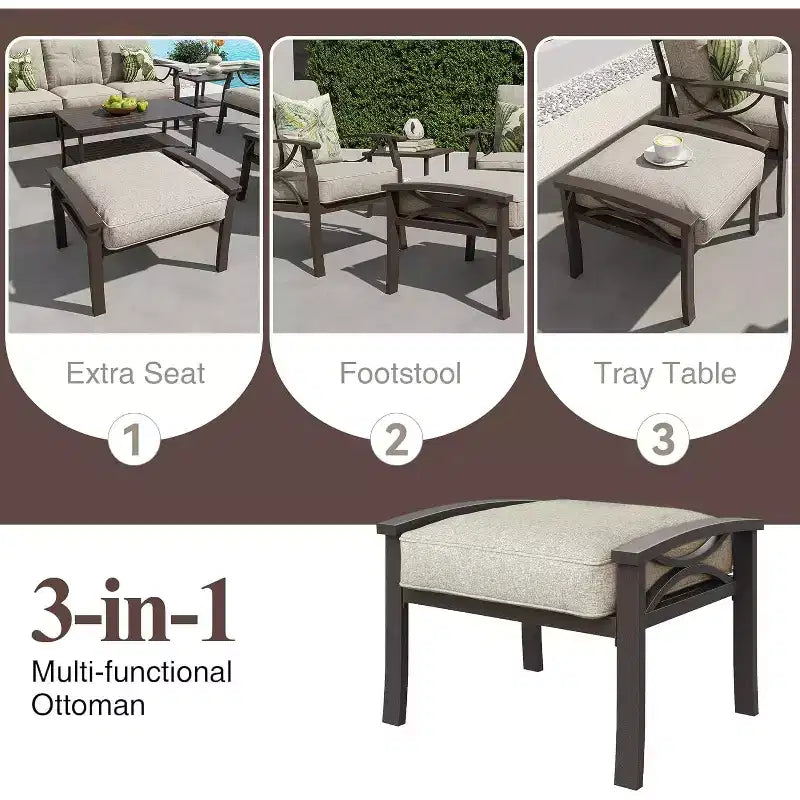 Ensemble de meubles de jardin Heynemo, ensemble de 7 pièces de mobilier de jardin avec table brasero et ottomans, ensemble de meubles en métal pour porche, cour arrière, jardin