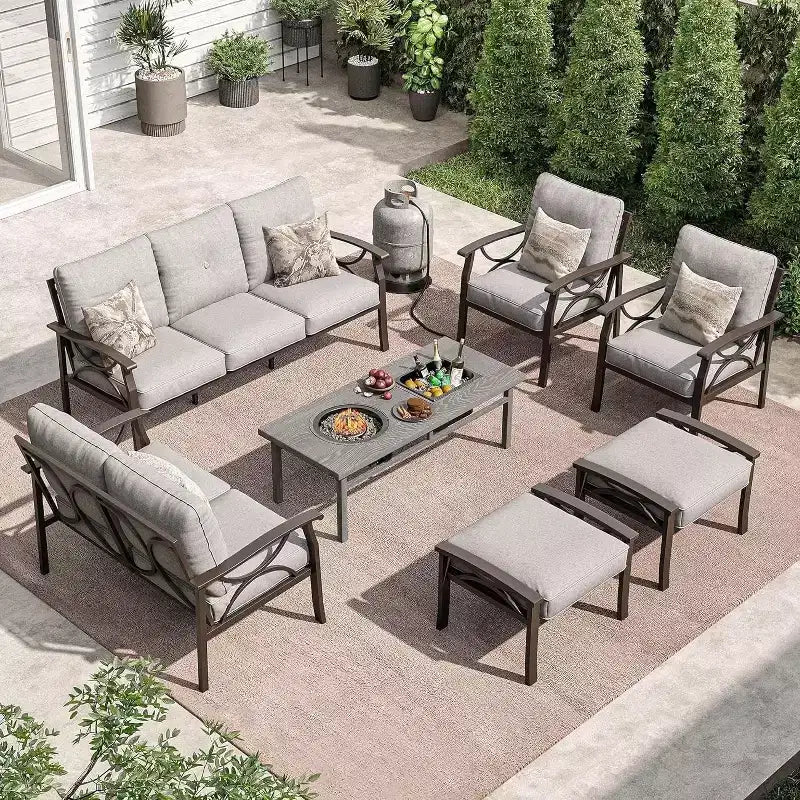 Ensemble de meubles de jardin Heynemo, ensemble de 7 pièces de mobilier de jardin avec table brasero et ottomans, ensemble de meubles en métal pour porche, cour arrière, jardin