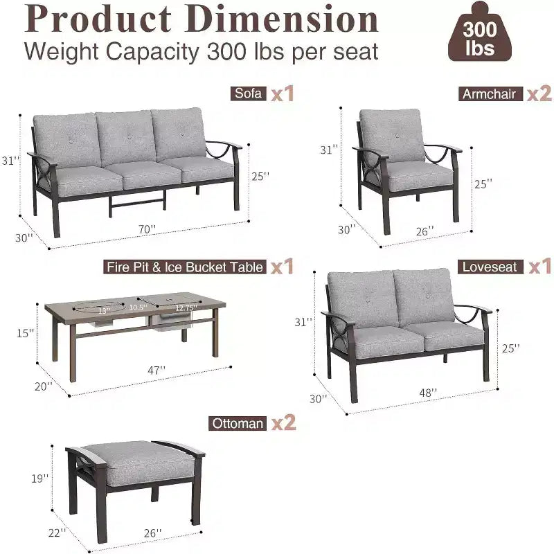 Ensemble de meubles de jardin Heynemo, ensemble de 7 pièces de mobilier de jardin avec table brasero et ottomans, ensemble de meubles en métal pour porche, cour arrière, jardin