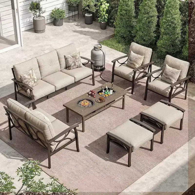 Heynemo Outdoor Patio Furniture Set, 7 Piece Patio Seating Set with Fire Table and Ottomans, Metal Furniture Set for Porch Backyard Garden