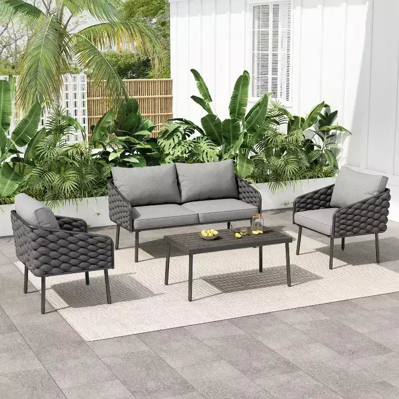 Christopher Knight Home Ebert 4 Piece Outdoor Modern Rope Weaving Metal Seating Set with Cushion