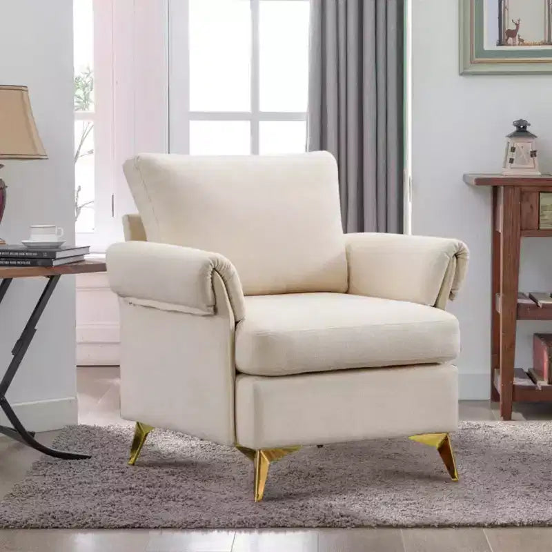 Bestier Ivory Linen Arm Chair Tufted Cushion Accent Chair with Lumbar Pillow