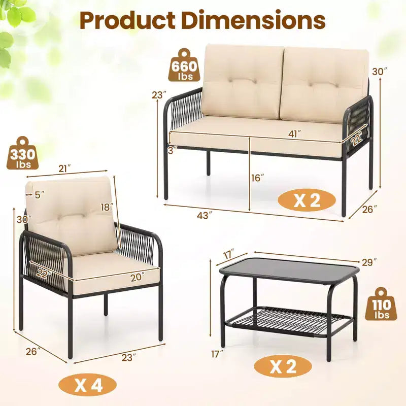 Ensemble de mobilier de patio Costway 8 pièces avec causeuse, table basse en verre trempé et coussins moelleux