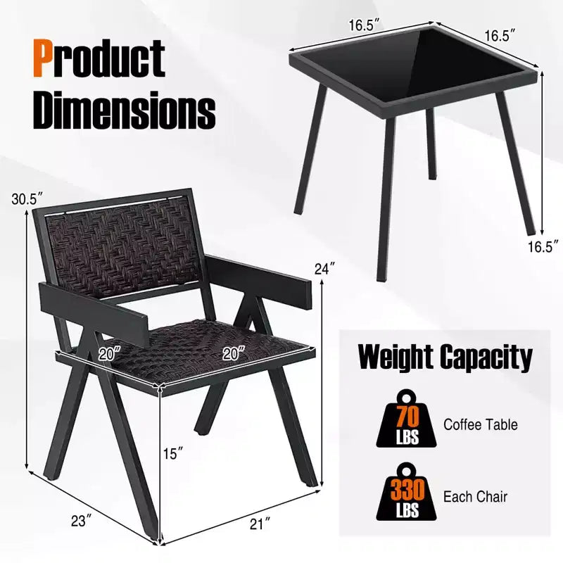 Costway Ensemble de 3 chaises de patio en osier, mobilier de jardin en rotin avec rembourrage en mousse à séchage rapide