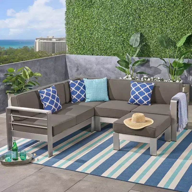 Christopher Knight Home Cape Coral Outdoor Aluminum 5 Seater Sectional Sofa Set with Ottoman, Silver/Khaki