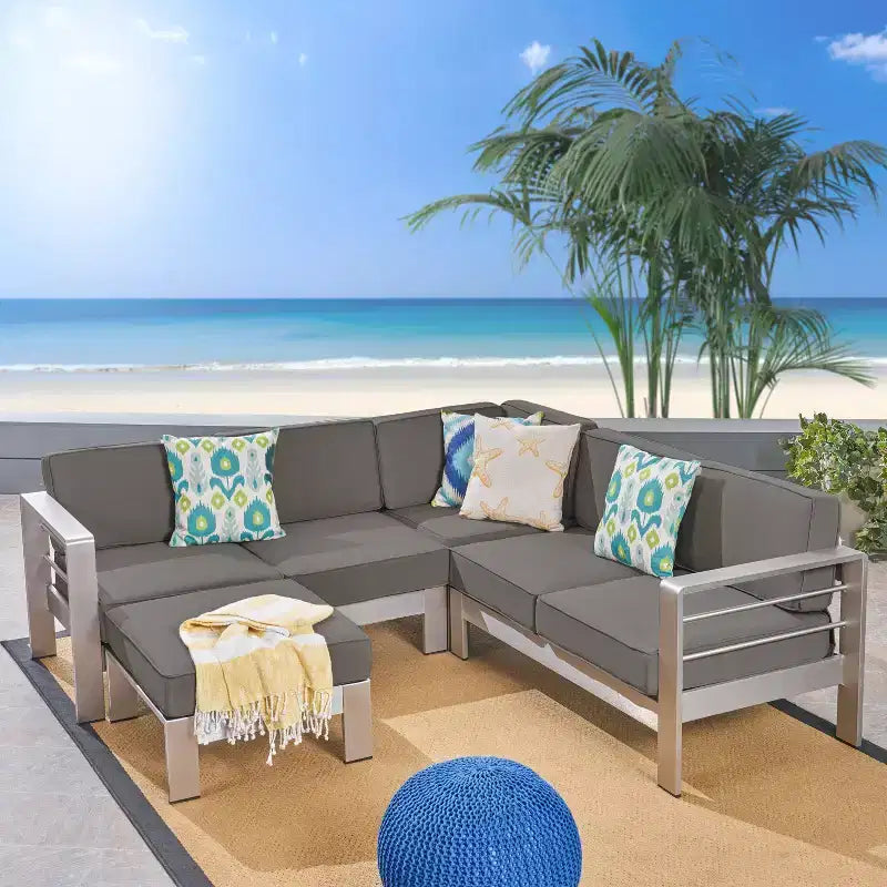 Christopher Knight Home Cape Coral Salon de jardin d'angle 5 places en aluminium avec ottoman, argent/kaki
