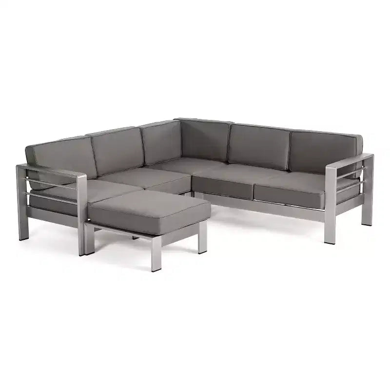 Christopher Knight Home Cape Coral Salon de jardin d'angle 5 places en aluminium avec ottoman, argent/kaki
