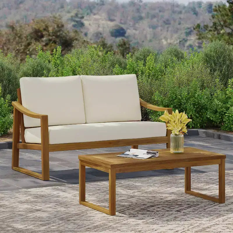 Ensemble causeuse et table basse d'extérieur en bois d'acacia avec accoudoirs inclinés Christopher Knight Home Samwell