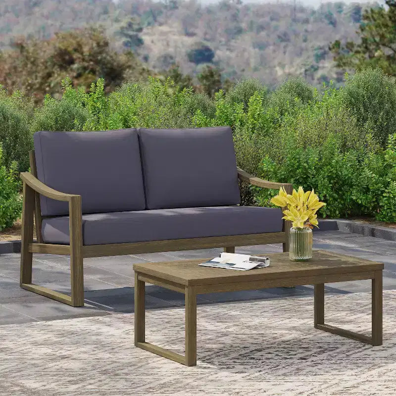 Ensemble causeuse et table basse d'extérieur en bois d'acacia avec accoudoirs inclinés Christopher Knight Home Samwell