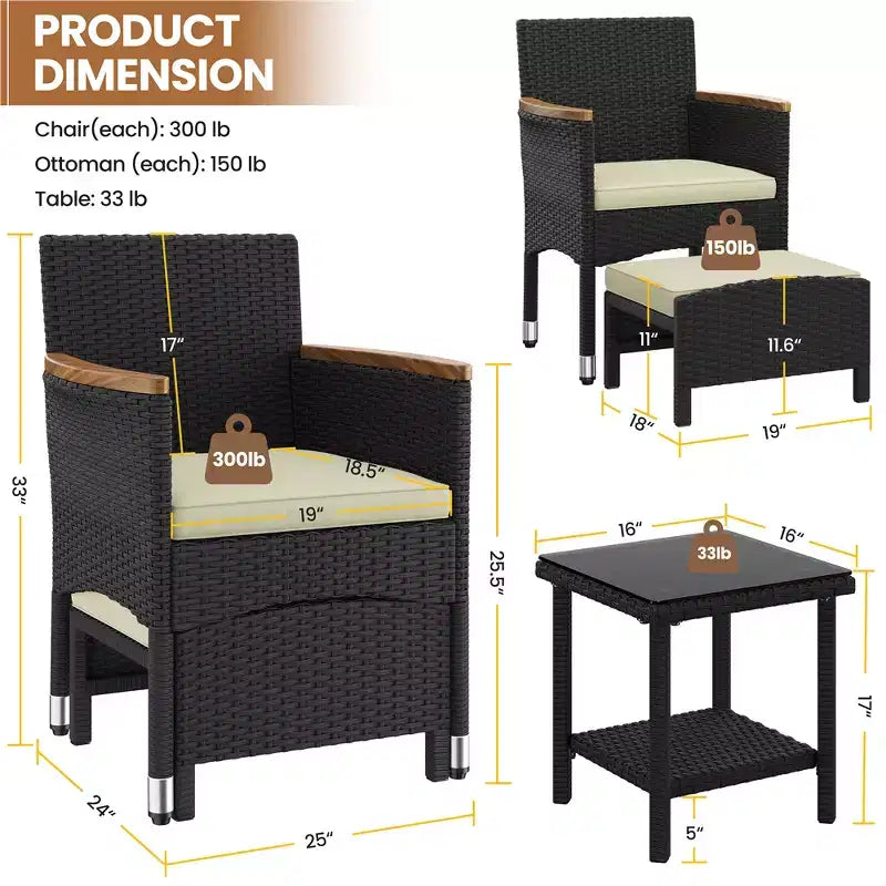 Yaheetech Salon de jardin 5 pièces avec chaises rembourrées, poufs et table basse pour jardin