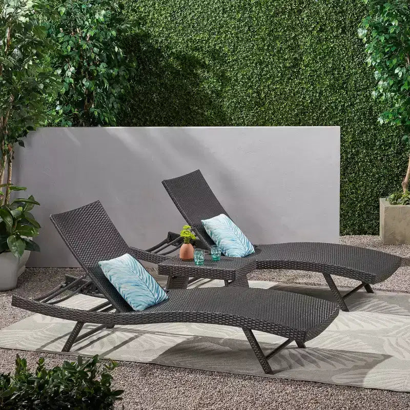 Christopher Knight Home Kauai 3-Piece Outdoor Faux Rattan Chaise Lounge Set with Folding Side Table