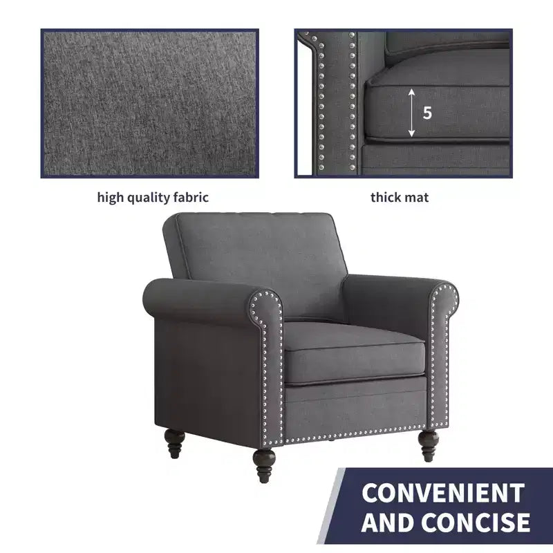Fauteuil d'appoint moderne Mjkone avec rivets, en tissu de lin, canapé simple, canapé une place de style milieu du siècle pour la maison/le bureau/l'appartement