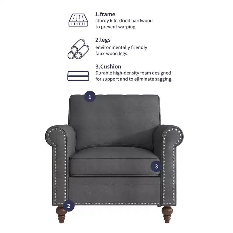 Fauteuil d'appoint moderne Mjkone avec rivets, en tissu de lin, canapé simple, canapé une place de style milieu du siècle pour la maison/le bureau/l'appartement