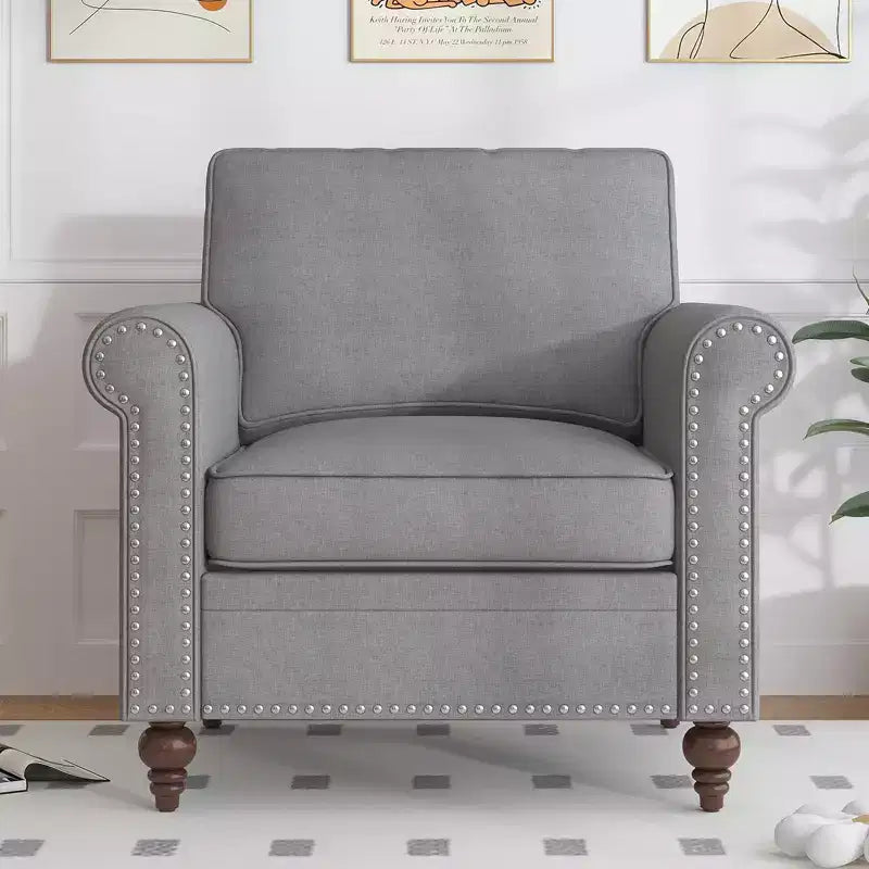 Fauteuil d'appoint moderne Mjkone avec rivets, en tissu de lin, canapé simple, canapé une place de style milieu du siècle pour la maison/le bureau/l'appartement