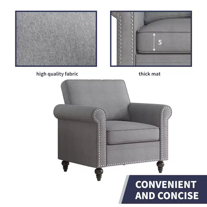 Fauteuil d'appoint moderne Mjkone avec rivets, en tissu de lin, canapé simple, canapé une place de style milieu du siècle pour la maison/le bureau/l'appartement