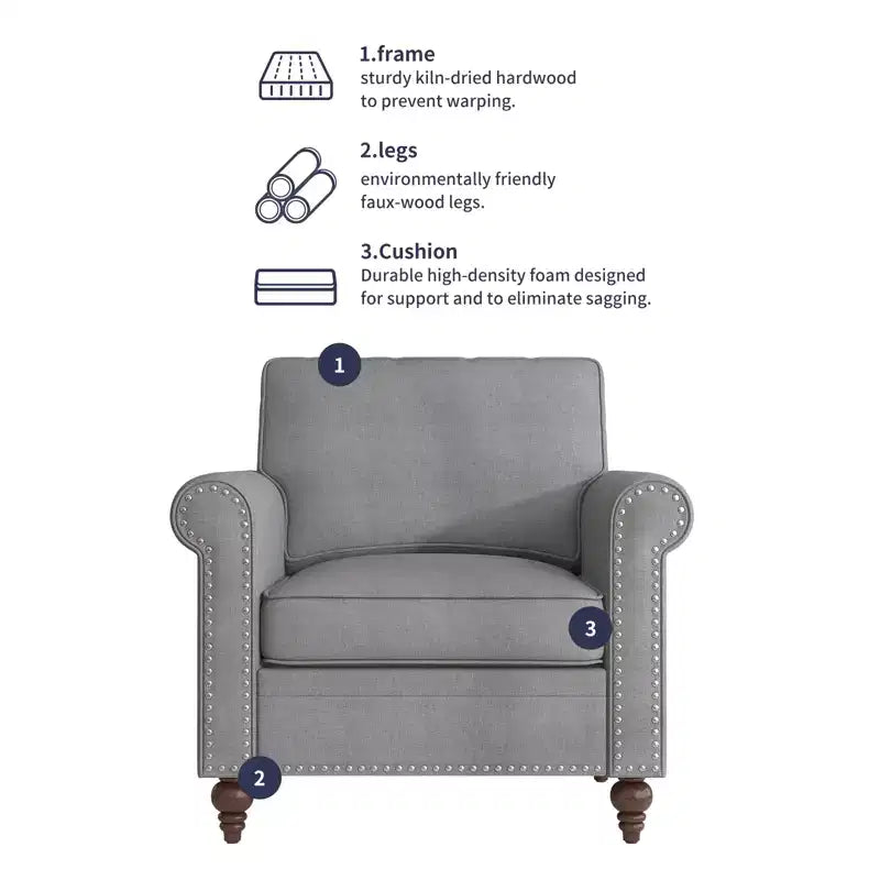 Fauteuil d'appoint moderne Mjkone avec rivets, en tissu de lin, canapé simple, canapé une place de style milieu du siècle pour la maison/le bureau/l'appartement