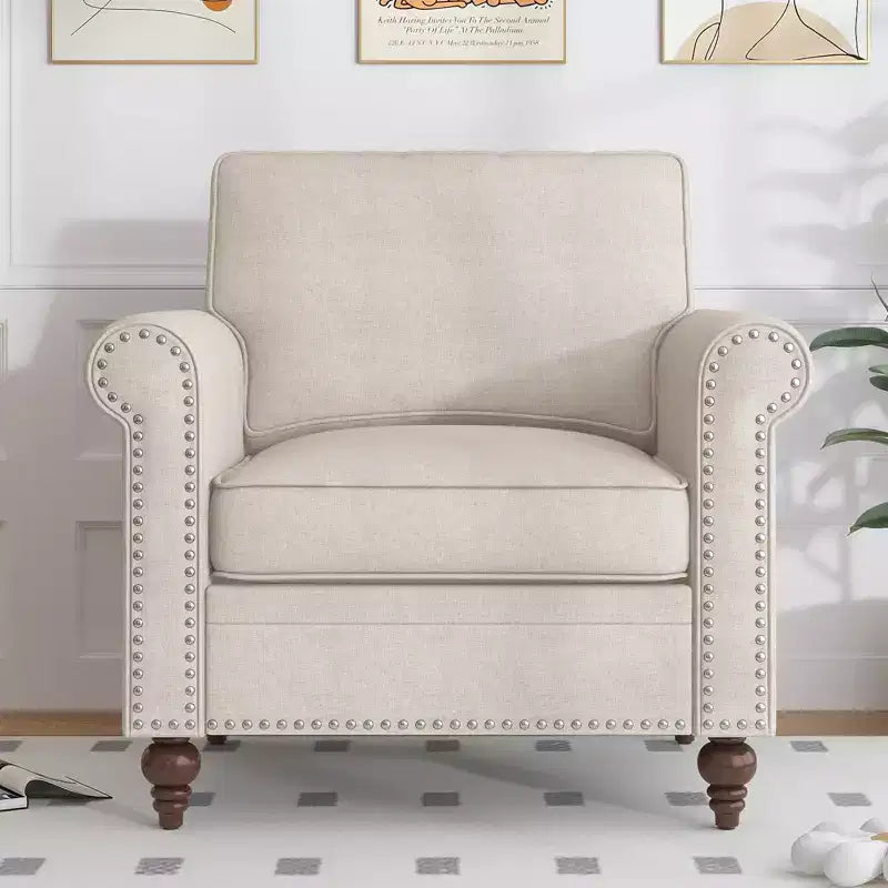 Fauteuil d'appoint moderne Mjkone avec rivets, en tissu de lin, canapé simple, canapé une place de style milieu du siècle pour la maison/le bureau/l'appartement