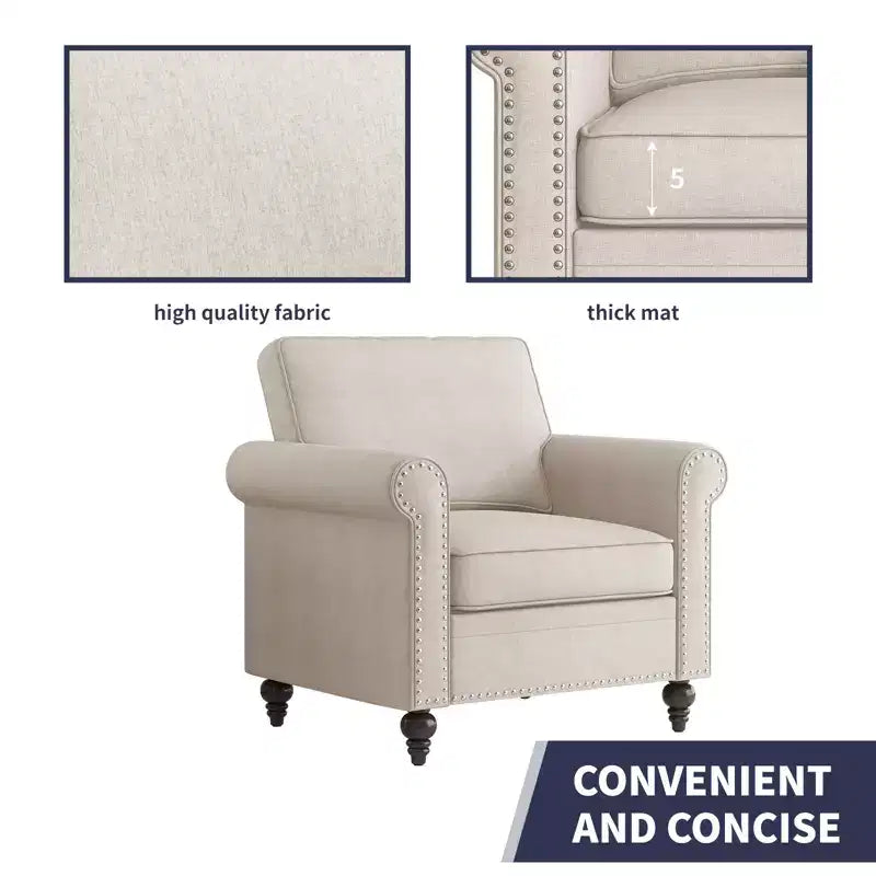 Fauteuil d'appoint moderne Mjkone avec rivets, en tissu de lin, canapé simple, canapé une place de style milieu du siècle pour la maison/le bureau/l'appartement
