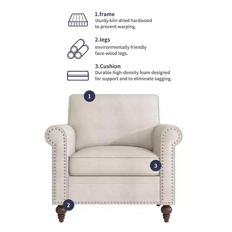 Fauteuil d'appoint moderne Mjkone avec rivets, en tissu de lin, canapé simple, canapé une place de style milieu du siècle pour la maison/le bureau/l'appartement