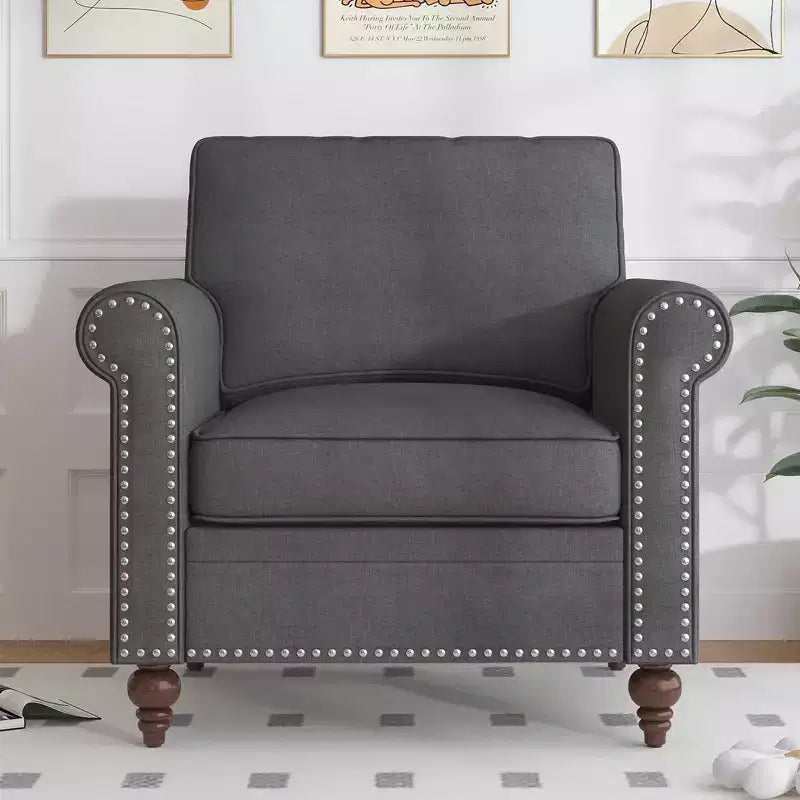 Fauteuil d'appoint moderne Mjkone avec rivets, en tissu de lin, canapé simple, canapé une place de style milieu du siècle pour la maison/le bureau/l'appartement