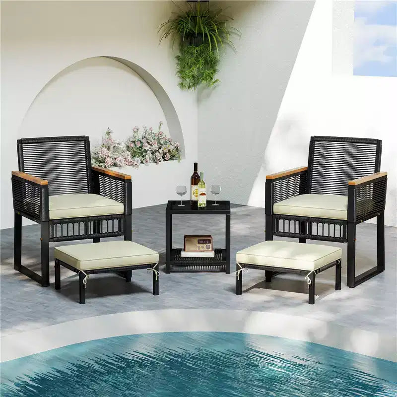Yaheetech Salon de jardin 5 pièces en rotin tressé avec chaises, table, poufs et coussins pour jardin, balcon