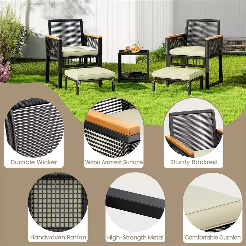 Yaheetech Salon de jardin 5 pièces en rotin tressé avec chaises, table, poufs et coussins pour jardin, balcon
