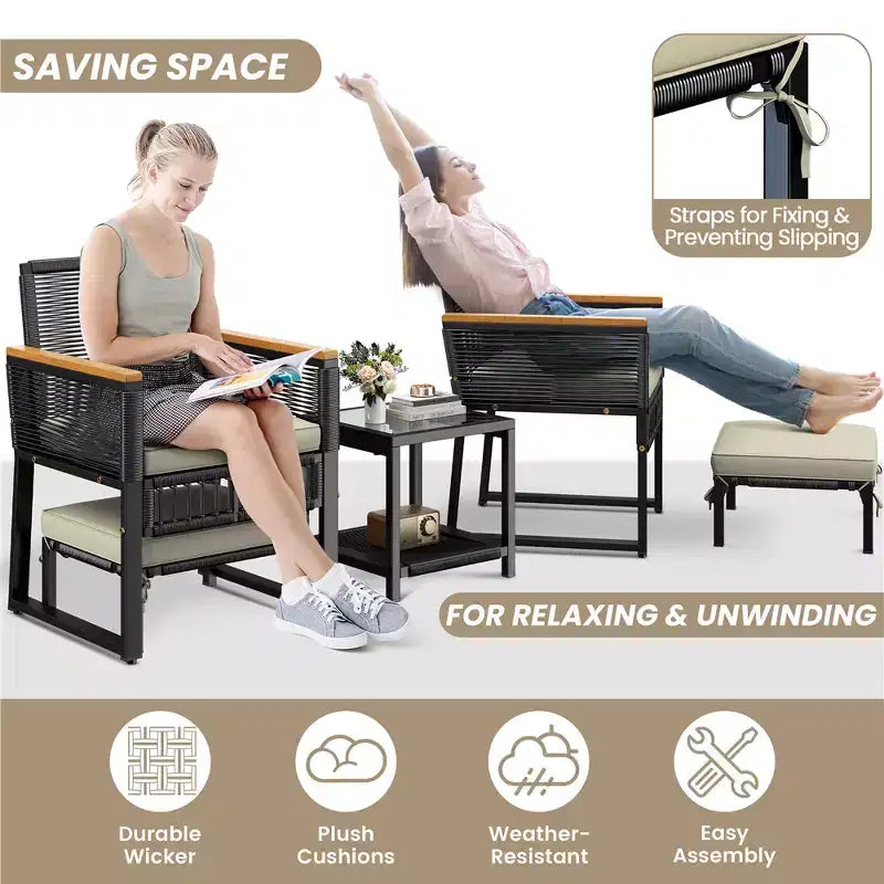 Yaheetech Salon de jardin 5 pièces en rotin tressé avec chaises, table, poufs et coussins pour jardin, balcon