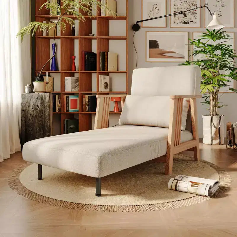 ATJafurn Convertible Fabric Upholstered Accent Armchair Futon Chair, Solid Wood Frame Sleeper Chaise for Bedroom Living Room, Beige